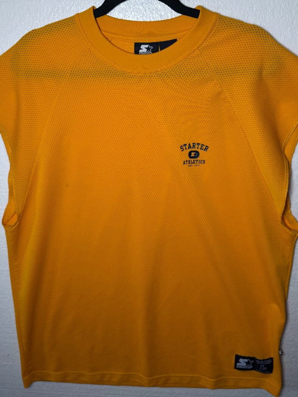 Vintage Starter Mens Large Yellow Sleeveless Mesh Shirt Logo Muscle Tee Athletic